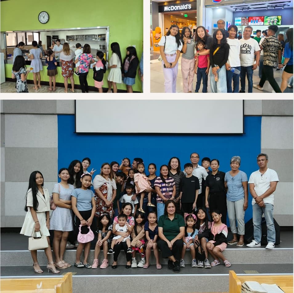 현지 예배 사역의 식사 섬김과 교제, 단체 예배 사진